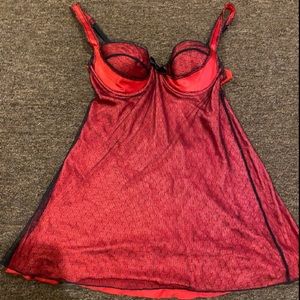 EUC! Victoria's Secret 34C BRA TEDDYROBE RED floral lace VERY SEXY negligee